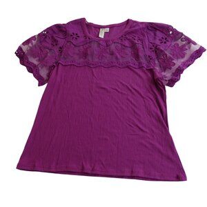 Cato Purple Floral Lace Eyelet Ribbed Top Womens Size L Short Sleeve Round Neck